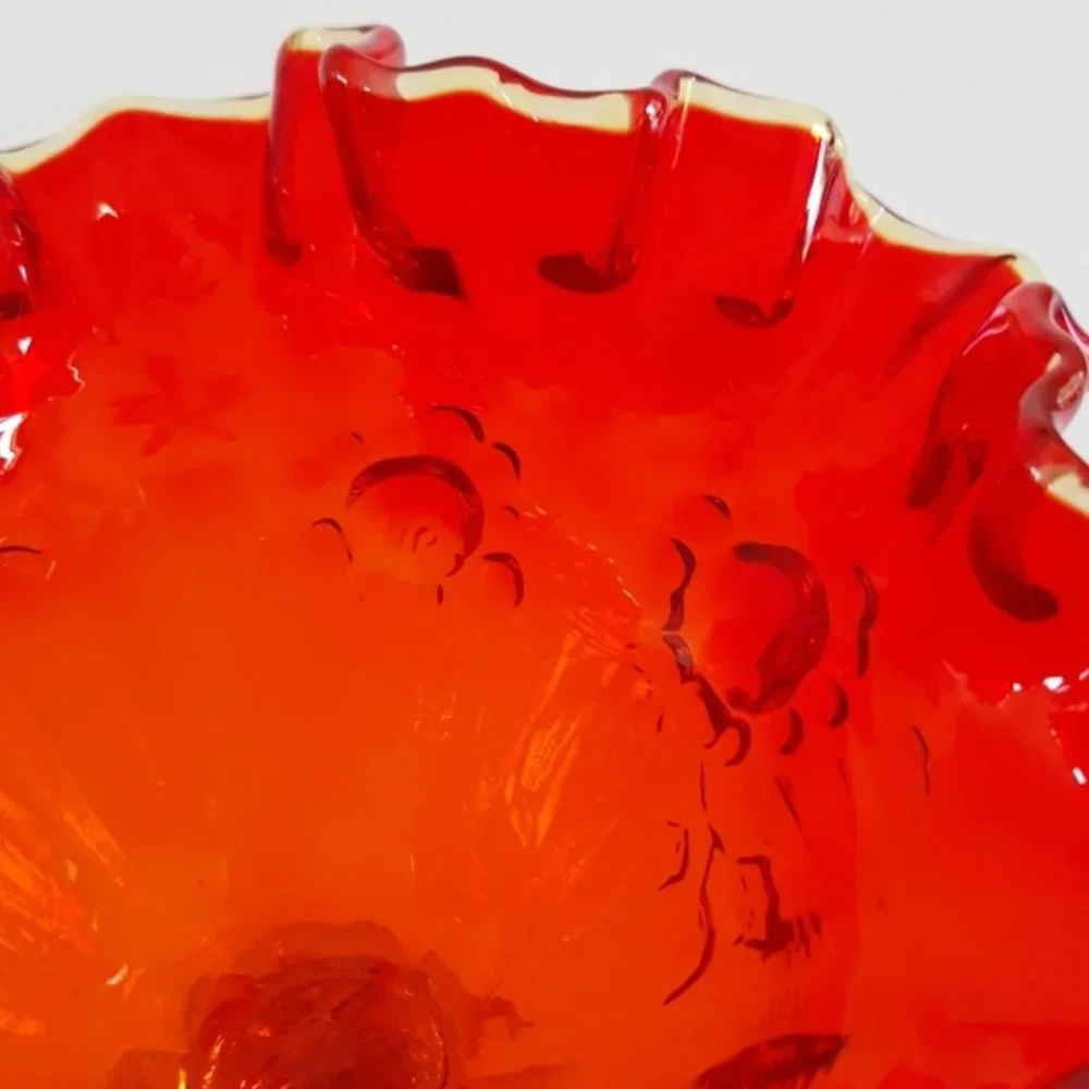 Vintage Amberina Glass Ruffled Compote Candy Dish Pedestal Bowl